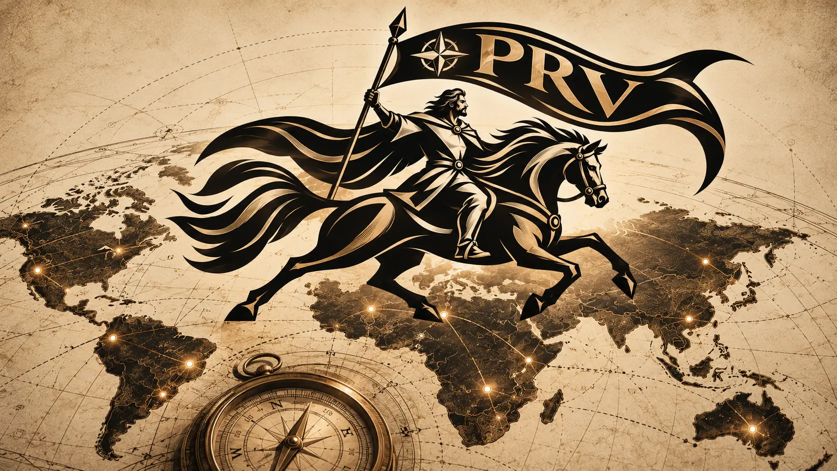 Rider with the PRV flag above an antique world map with a compass rose